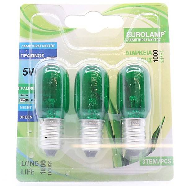 EUROLAMP λάμπα νυκτός πράσινη E14 T23 5W 20x53mm 3τεμ
