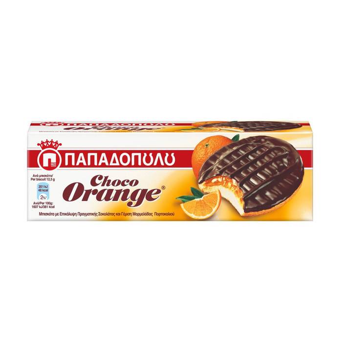 ΠΑΠΑΔΟΠΟΥΛΟΥ μπισκότα choco orange με γέμιση μαρμελάδας πορτοκαλιού και επικάλυψη σοκολάτας 150gr