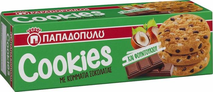 ΠΑΠΑΔΟΠΟΥΛΟΥ μπισκότα cookies με κομμάτια σοκολάτας και φουντουκιού 180gr