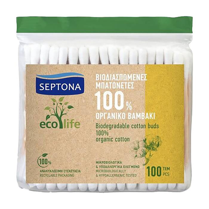 SEPTONA ecolife ωτοκαθαριστές βιοδιασπώμενοι με 100% οργανικό βαμβάκι 100τεμ