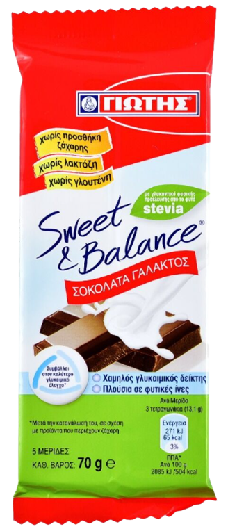 ΓΙΩΤΗΣ sweet and balance σοκολάτα γάλακτος με stevia 70gr