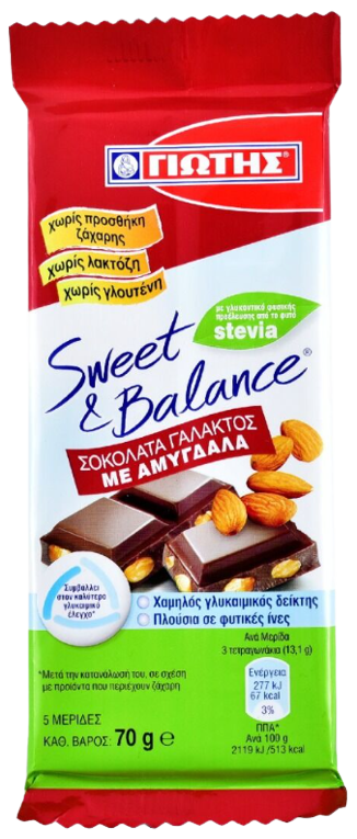ΓΙΩΤΗΣ sweet and balance σοκολάτα γάλακτος με αμύγδαλα και stevia 70gr