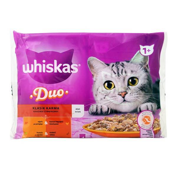 WHISKAS γατοτροφή υγρή duo κρεατικά 4x85gr