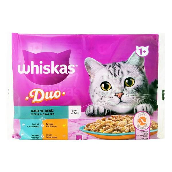 WHISKAS γατοτροφή υγρή duo στεριά και θάλασσα 4x85gr