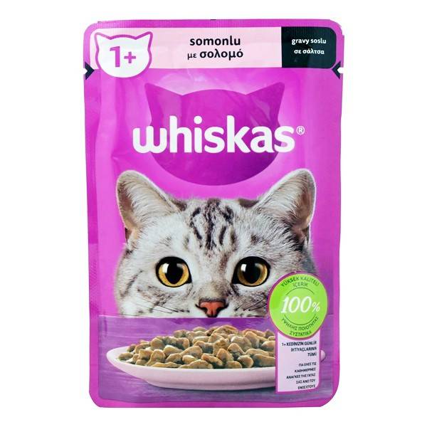 WHISKAS γατοτροφή υγρή με σολομό σε σάλτσα 85gr