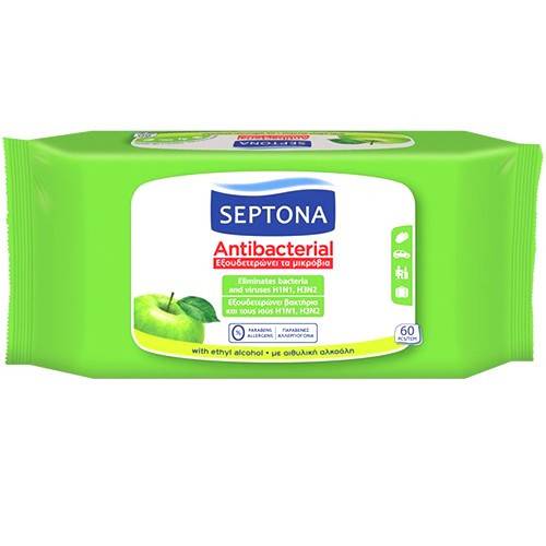 SEPTONA υγρά μαντηλάκια αντιβακτηριδιακά πράσινο μήλο 60τεμ