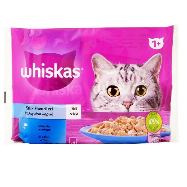 WHISKAS γατοτροφή υγρή επιλεγμένα ψαρικά σε σάλτσα 4x85gr