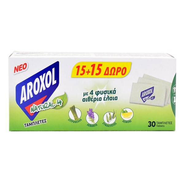 AROXOL εντομοαπωθητικές ταμπλέτες Natural με 4 φυσικά αιθέρια έλαια 30τεμ