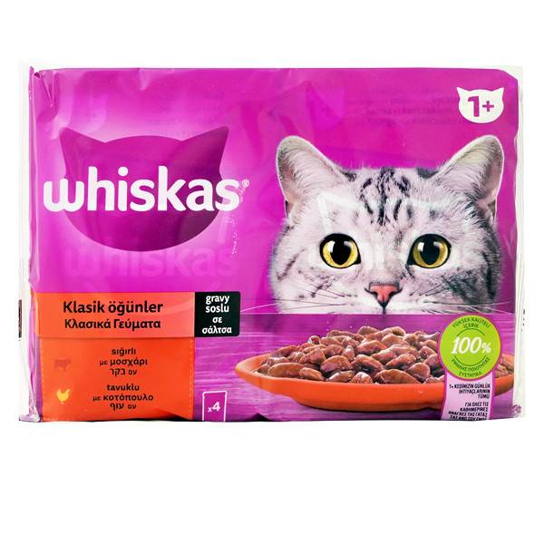 WHISKAS γατοτροφη υγρή επιλεγμενο κρεας σε σαλτσα 4x85gr,