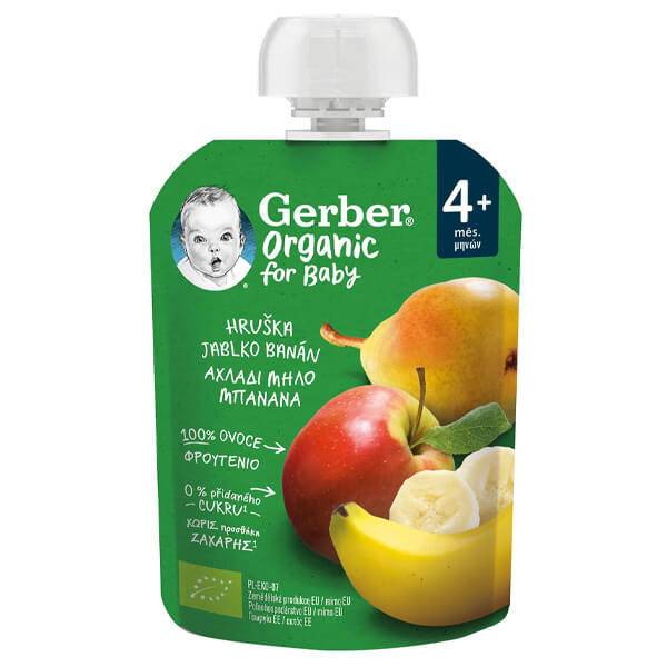 GERBER φρουτοπουρές με αχλάδι, μήλο και μπανάνα 90gr