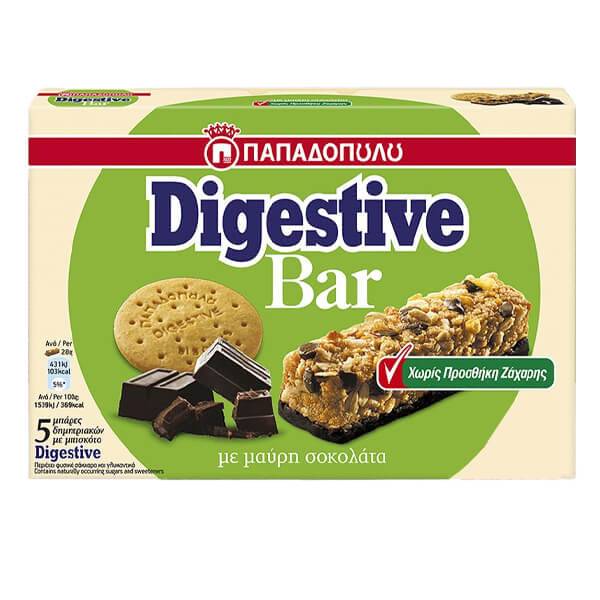 ΠΑΠΑΔΟΠΟΥΛΟΥ μπάρες δημητριακών digestive bar με μαύρη σοκολάτα χωρίς ζάχαρη 5x28gr