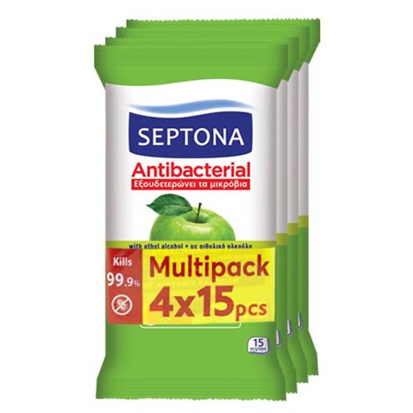 SEPTONA υγρά μαντηλάκια αντιβακτηριδιακά πράσινο μήλο 4x15τεμ