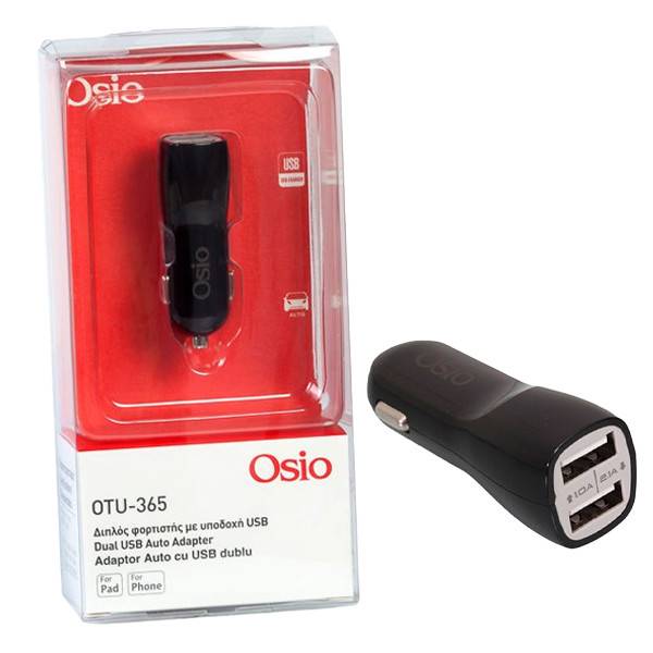 OSIO φορτιστής αυτοκινήτου με 2 usb θήρες μαύρος