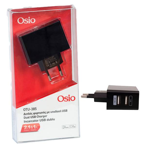 OSIO φορτιστής με 2 usb θήρες μαύρος