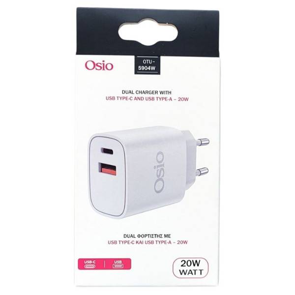 OSIO φορτιστής ταχείας φόρτισης με usb και type-C άσπρος