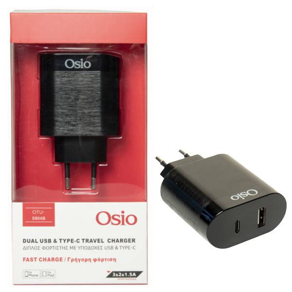 OSIO φορτιστής ταχείας φόρτισης με usb και type-C μαύρος