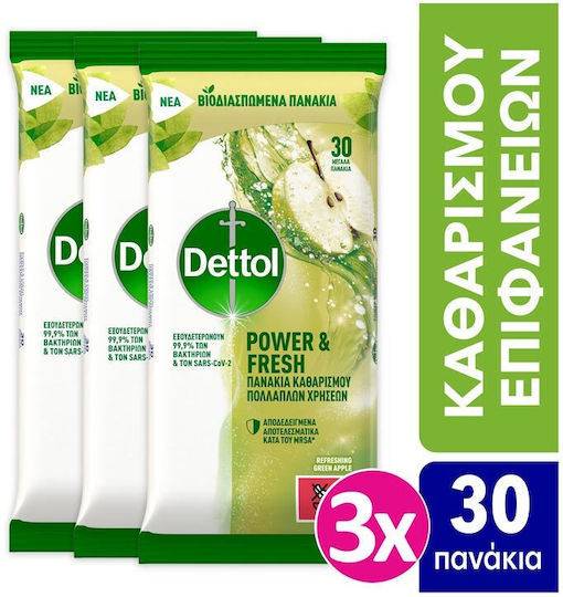 DETTOL υγρά αντιβακτηριδιακά πανάκια με πράσινο μήλο 3x30τεμ