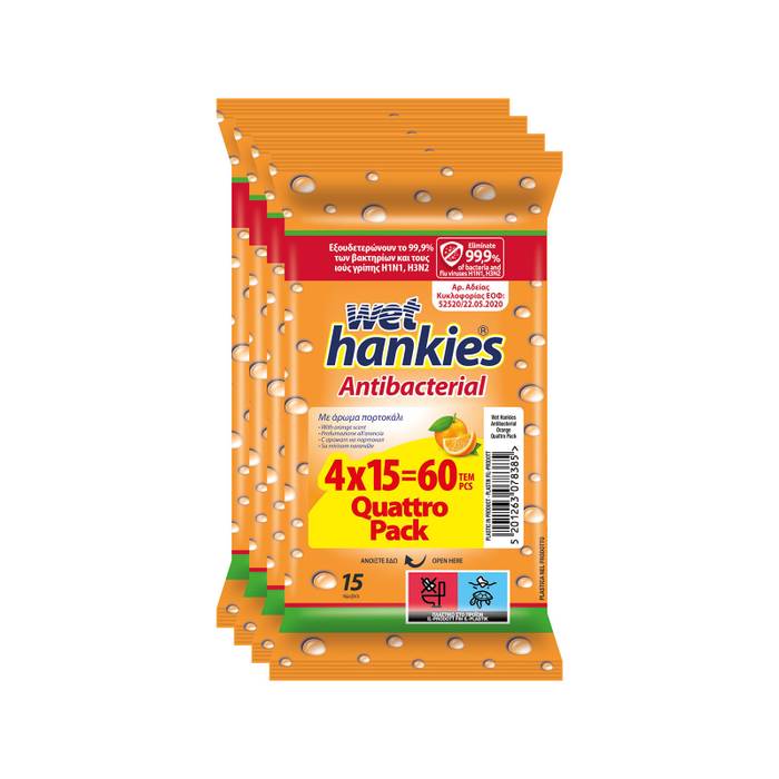 WET HANKIES υγρά αντιβακτηριδιακά μαντηλάκια πορτοκάλι 4x15τεμ