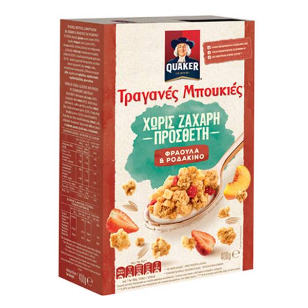 QUAKER τραγανές μπουκιές χωρίς ζαχαρη με φράουλα και ροδάκινο 400gr