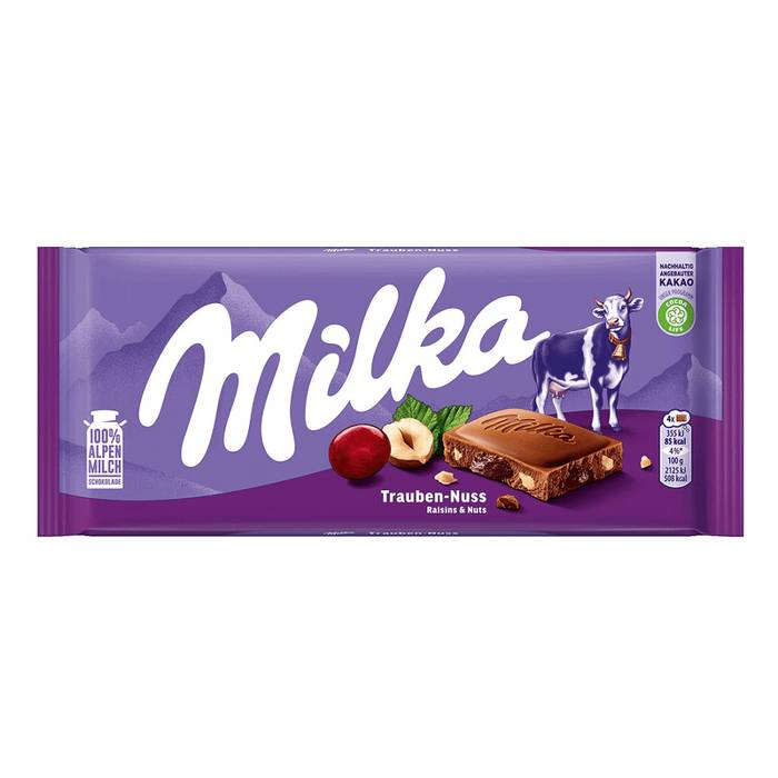MILKA σοκολάτα με σταφίδες και φουντούκια 90gr