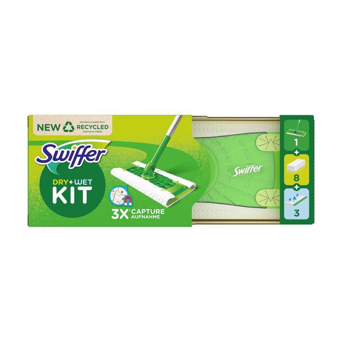 SWIFFER kit με έτοιμη σκούπα, 8 πανάκια και 3 υγρά πανάκια