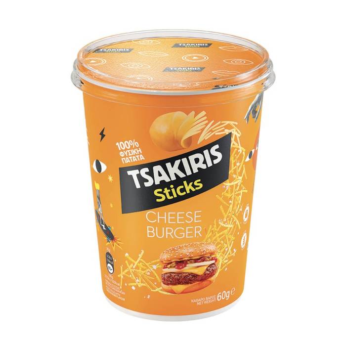 TSAKIRIS sticks πατατάκια με γεύση cheeseburger κύπελο 60gr
