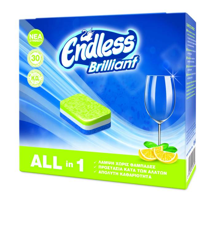 ENDLESS ταμπλέτες πλυντηρίου πιάτων brilliant με λεμόνι 30τεμ